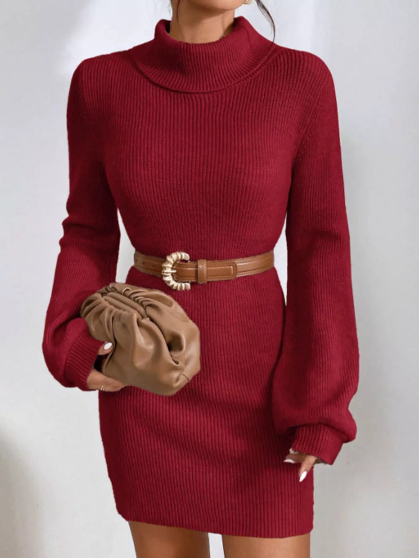 Cream Beige Turtleneck Ribbed Knit Short Sweater Dress Wine Red / S By Trendsi Cream Beige Turtleneck Ribbed Knit Short Sweater Dress Wine Red / S By Trendsi