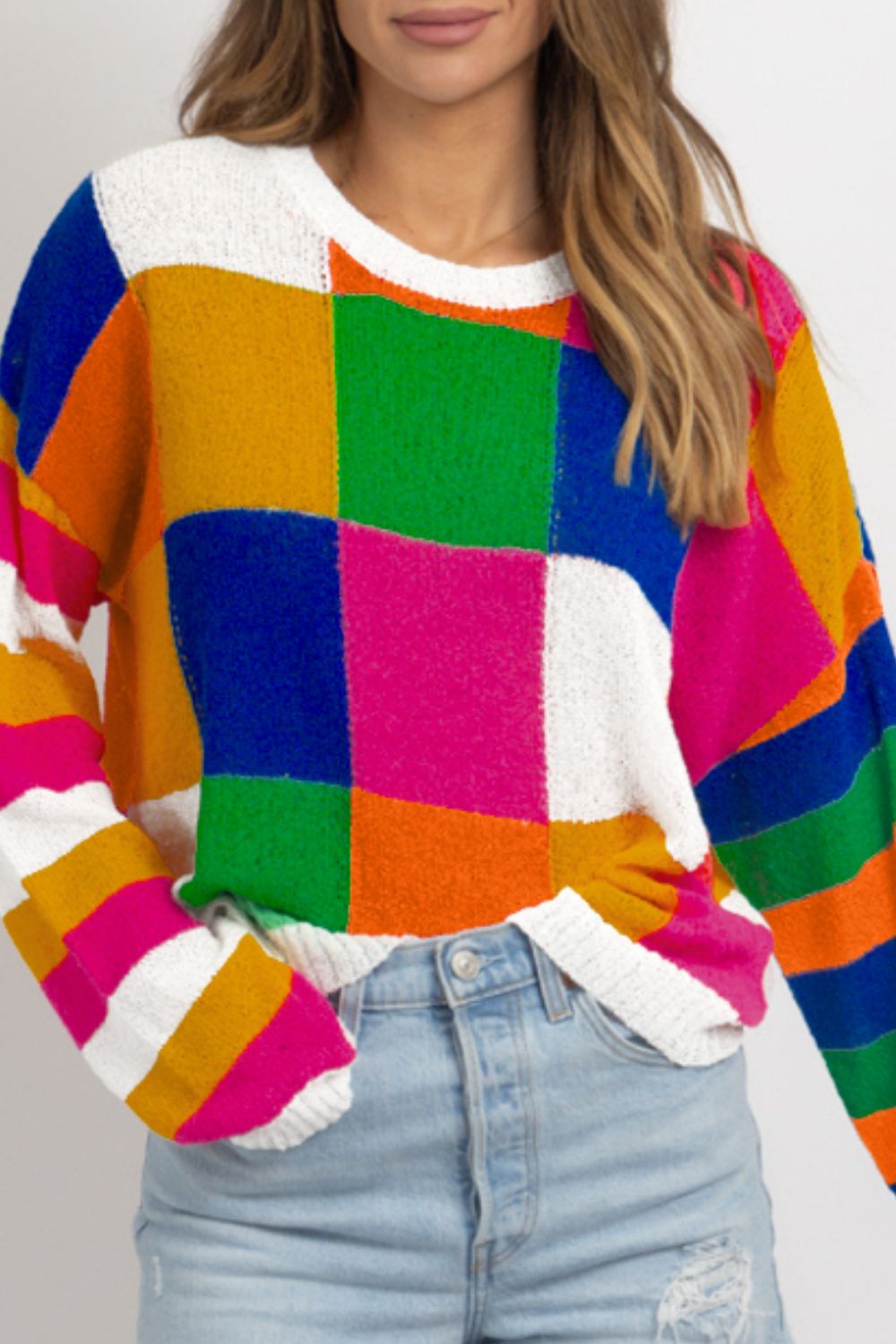 Color Block Round Neck Long Sleeve Sweater - Charming Charlie
