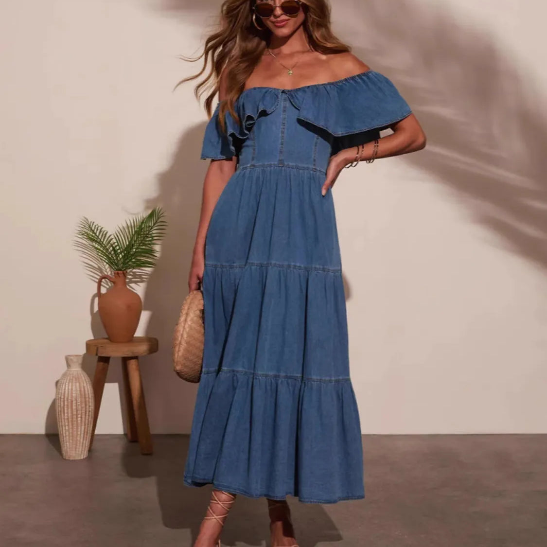 tiered denim maxi dress Mint Velvet Blue Denim Ruffle Maxi Shirt Dress | Size 12 | Blue