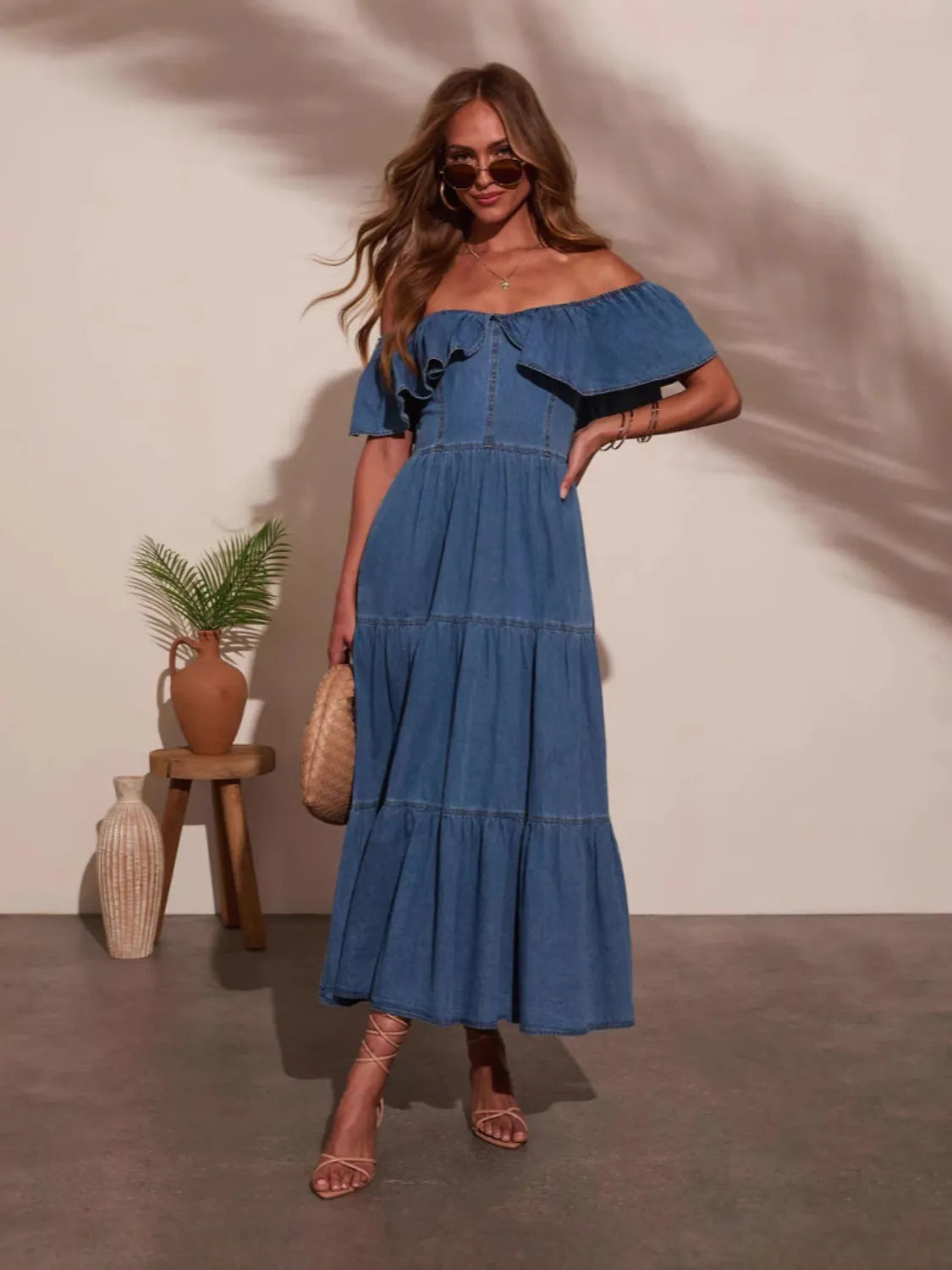 Off Shoulder Ruffle Tiered Denim Dress - Dark Blue / S Off Shoulder Ruffle Tiered Denim Dress - Dark Blue / S