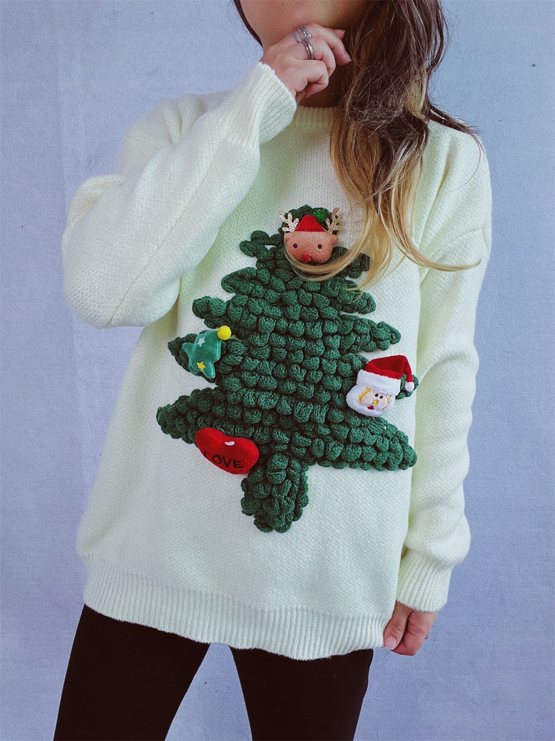 Christmas Tree Round Neck Long Sleeve Sweater - Charming Charlie