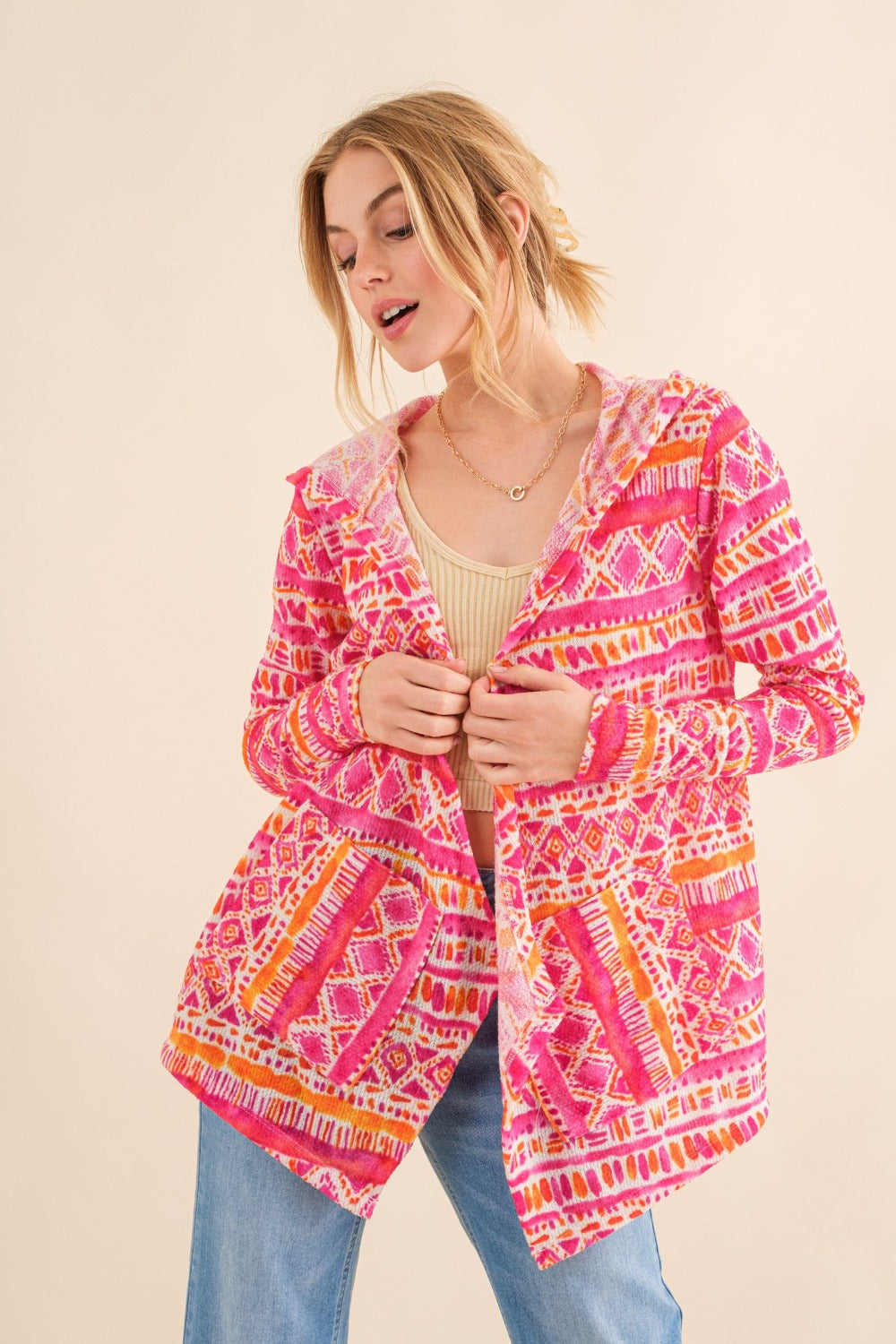And The Why Full Size Printed Thermal Hooded Open Front Cardigan - Charming Charlie