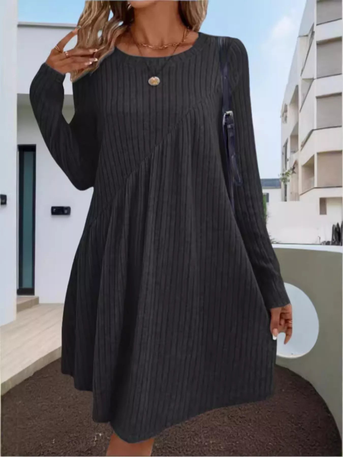 Casual Ribbed Knit Long Sleeve Swing Dress – Charming Charlie