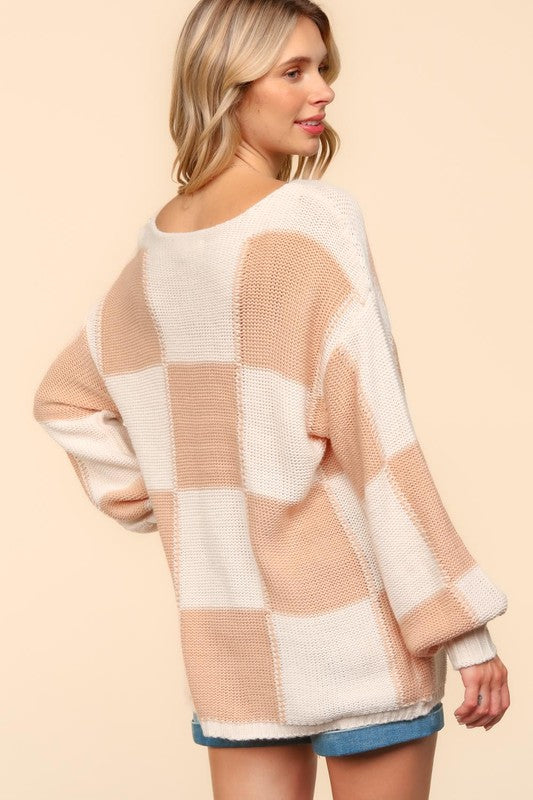 Haptics Full Size Checkered Round Neck Drop Shoulder Sweater - Charming Charlie