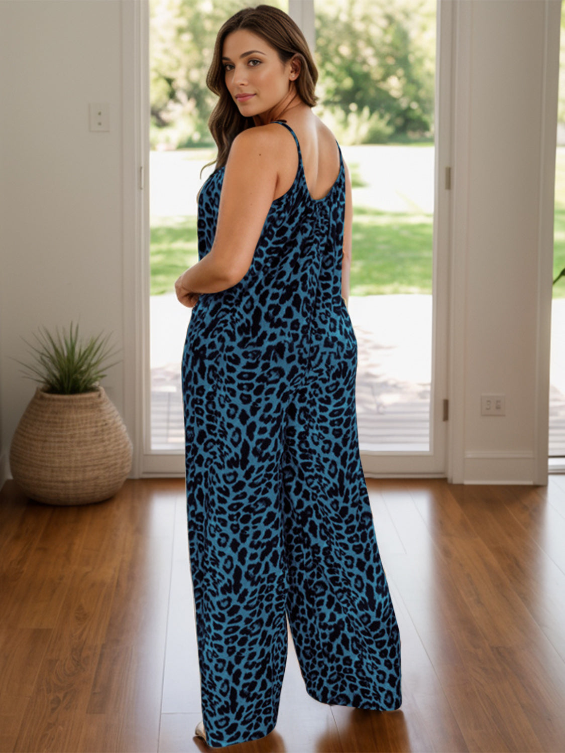 Full Size Leopard Scoop Neck Wide Leg Jumpsuit - Charming Charlie