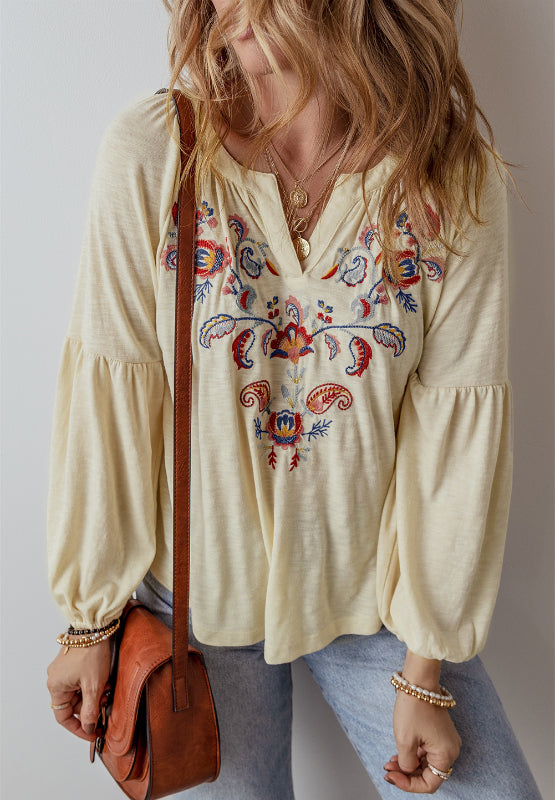 Embroidered Notched Long Sleeve Blouse - Charming Charlie