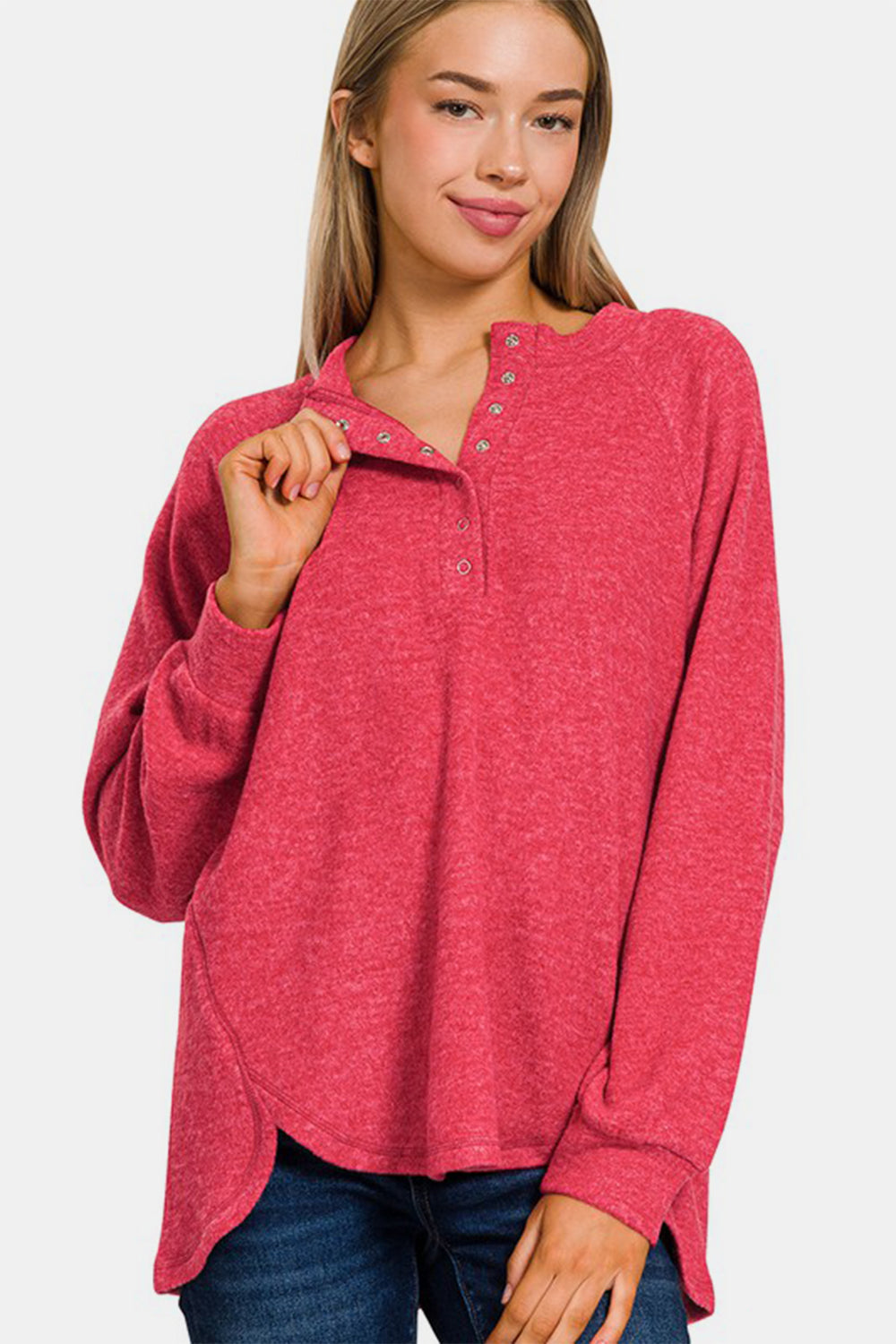 Zenana Full Size Brushed Melange Hacci High-Low Sweater - Charming Charlie