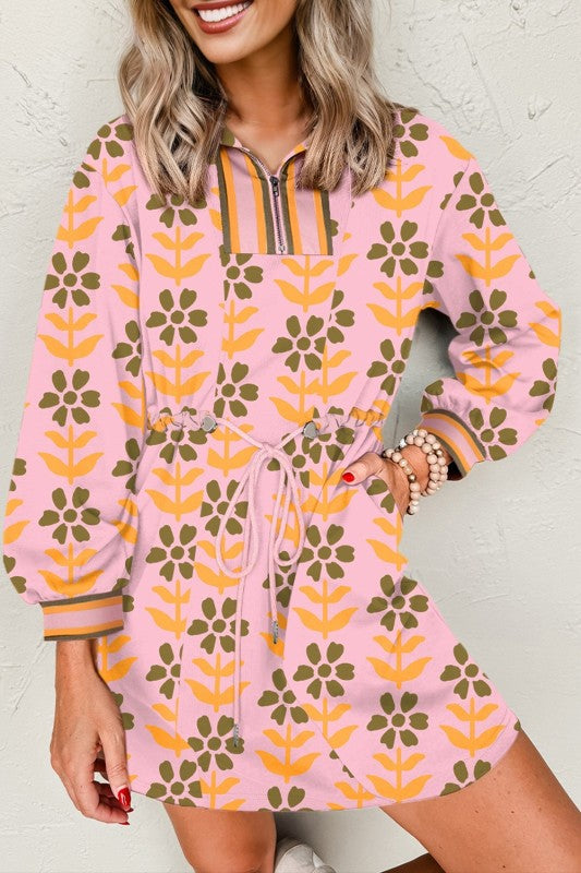 Sybaritic Boutique | Pink Floral Print Zip Neck Striped Patchwork Long Sleeve Drawstring Dress, Pink / L / 95%Polyester+5%Elastane