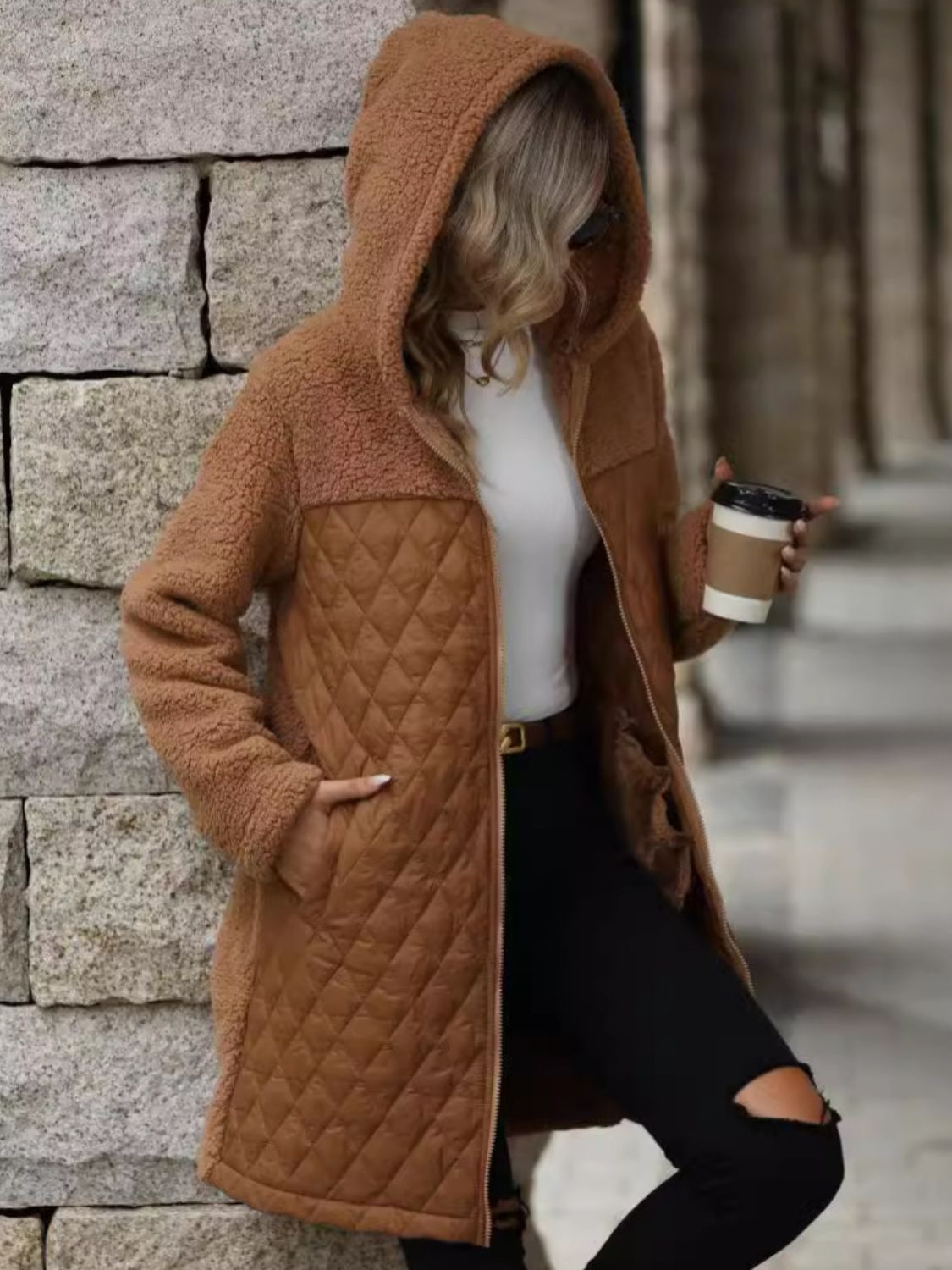 Texture Zip Up Long Sleeve Hooded Coat - Charming Charlie