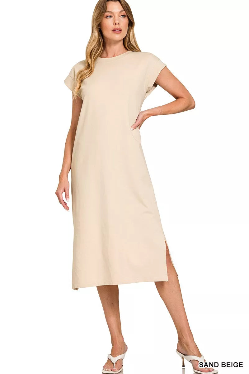 Zenana Round Neck Side Slit Midi Dress – Charming Charlie