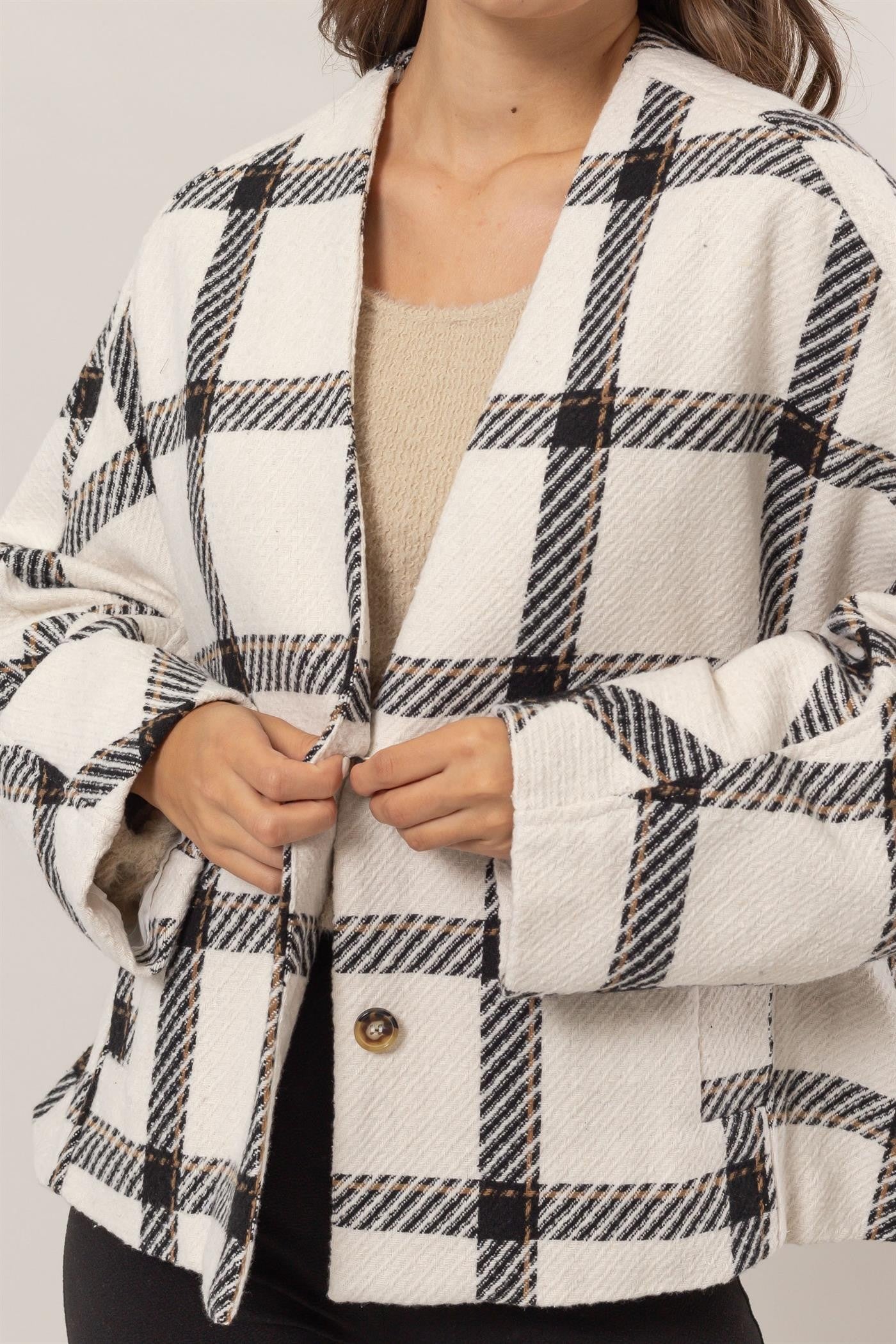 HYFVE Plaid Long Sleeve Jacket with Side Slit Pockets – Charming