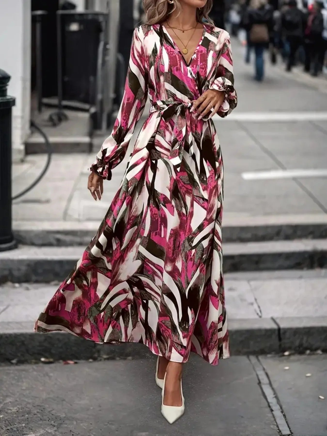 flounce sleeve maxi dress Printed Surplice Flounce Sleeve Maxi Dress Camel / S