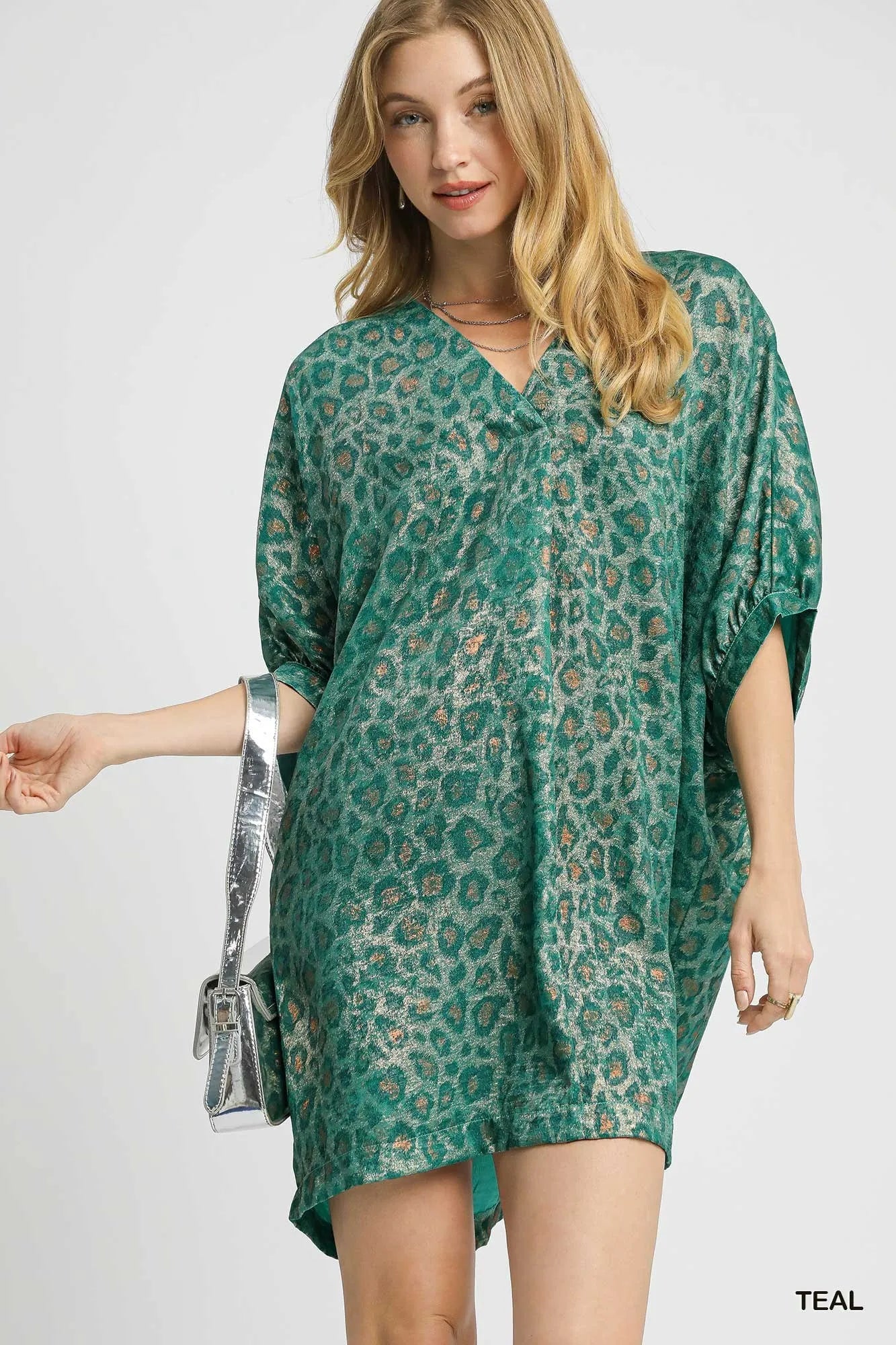 Umgee Metallic Leopard Print V-Neck Kimono Dress Teal / M Umgee Metallic Leopard Print V-Neck Kimono Dress Teal / M