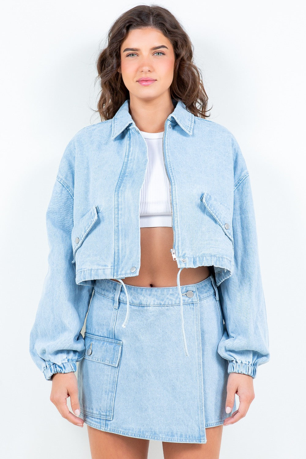American Bazi Drawstring Waist Crop Denim Jacket – Charming Charlie