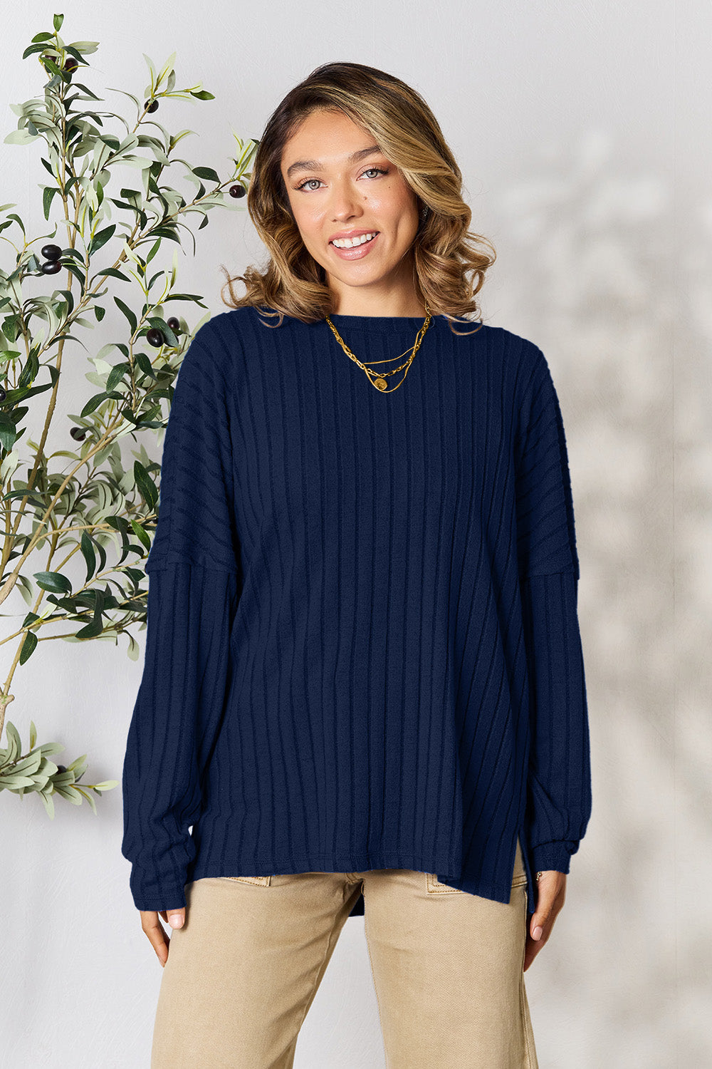 Basic Bae Full Size Ribbed Round Neck Slit Knit Top - Charming Charlie