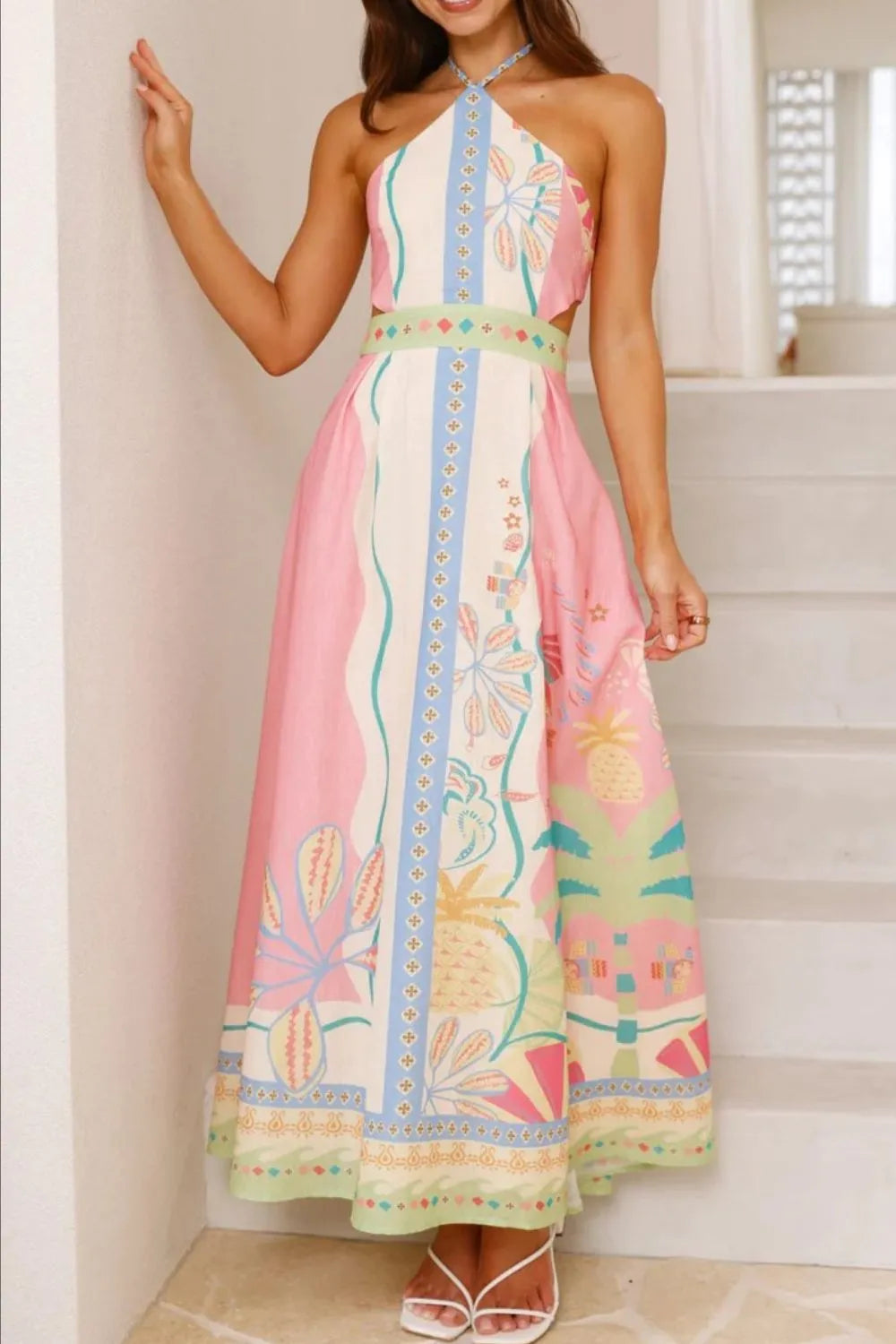 Printed Halter Neck Maxi Dress - Blush Pink / S Printed Halter Neck Maxi Dress - Blush Pink / S