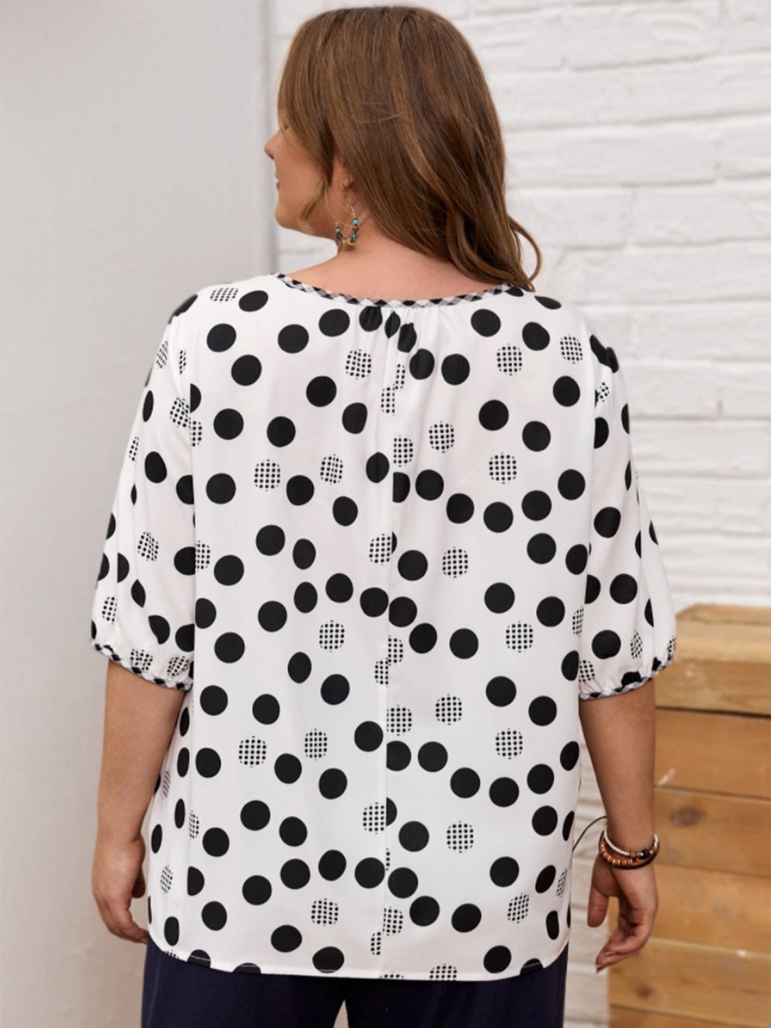 Plus Size Polka Dot Round Neck Half Sleeve Blouse - Charming Charlie