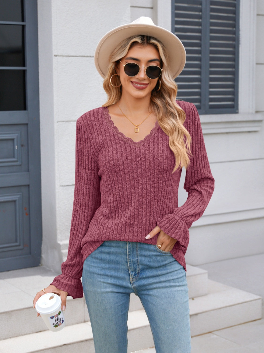 Lace Detail V-Neck Long Sleeve T-Shirt - Charming Charlie