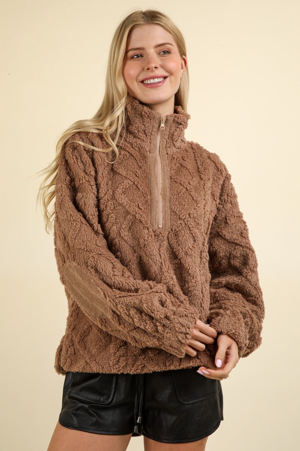 VERY J Fuzzy Fleece Half Zip Cable Pattern Sweatshirt – Charming