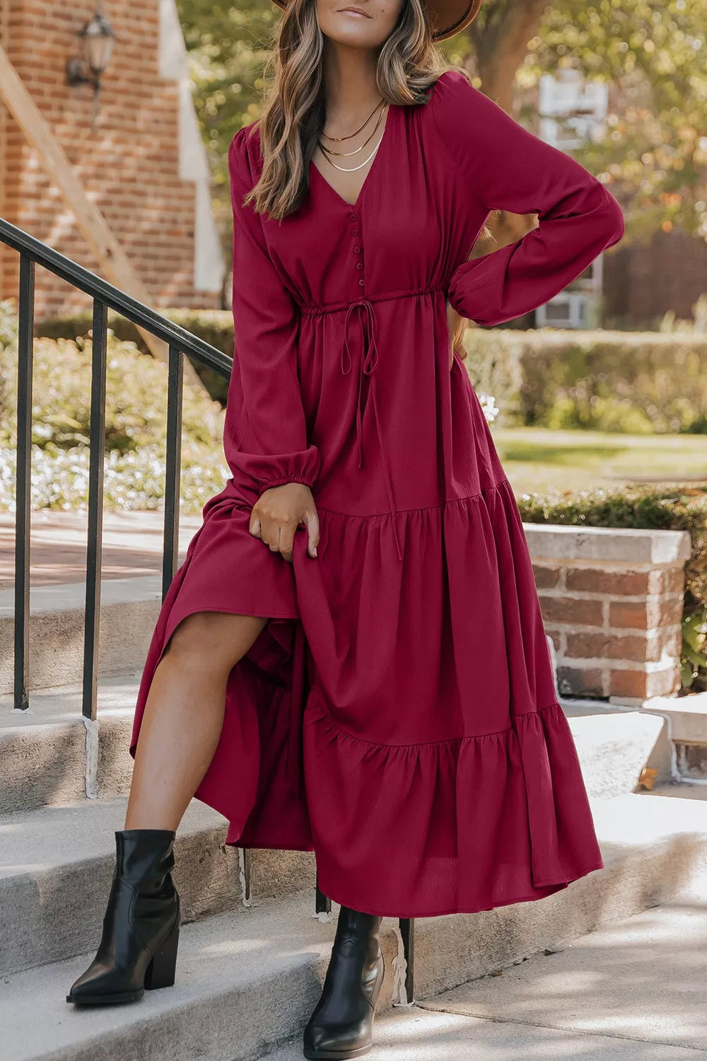 Leopard Trim Notched Neck Short Puff Sleeve Shift Mini Dress Burgundy / M