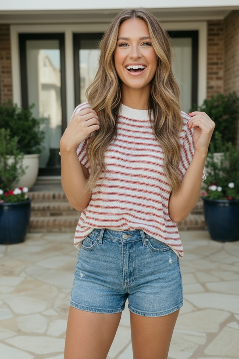 Breezy Stripe Knit Top in Ivory and Red - Charming Charlie