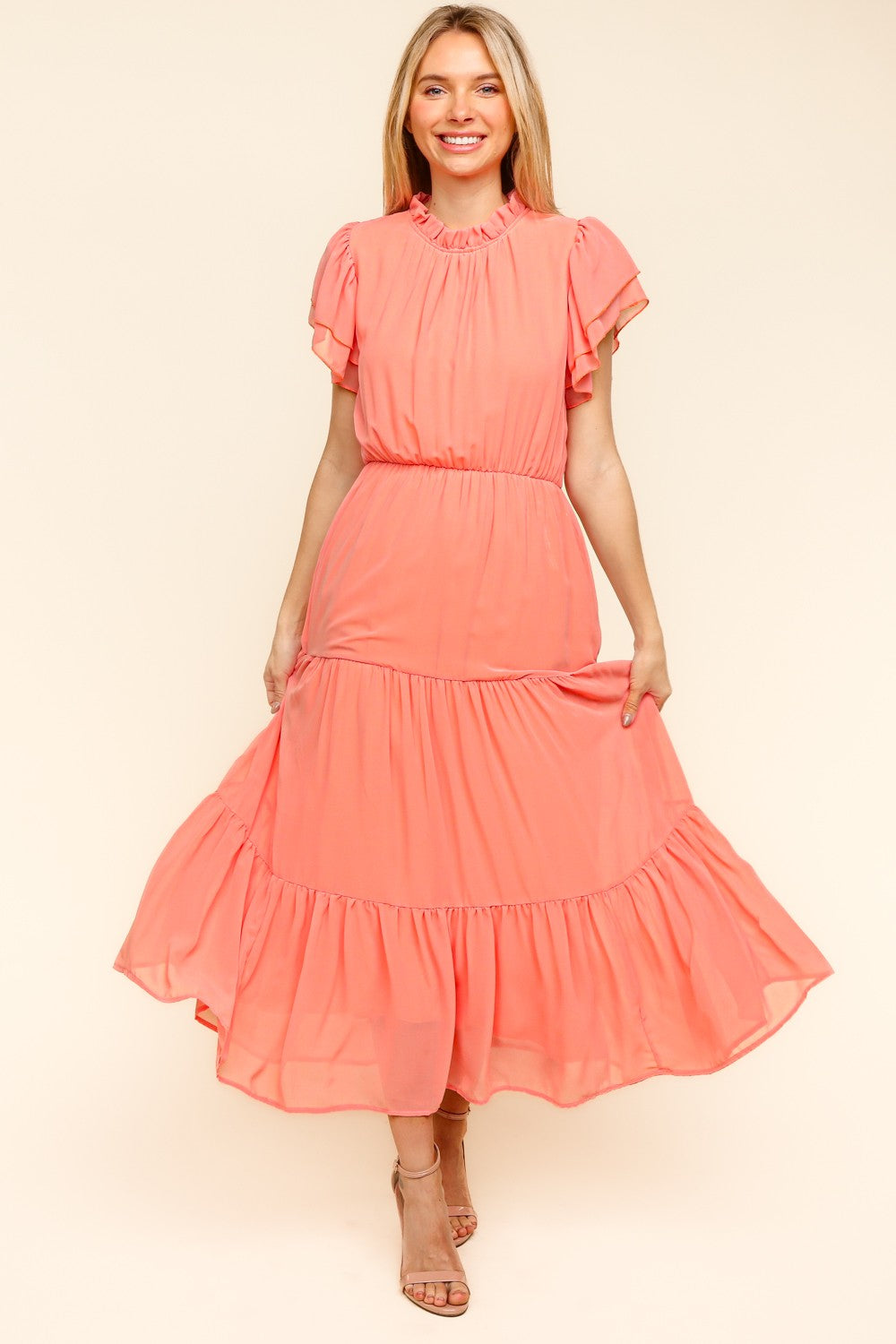Haptics Full Size Tiered Frill Mock Neck Short Sleeve Dress - Charming Charlie