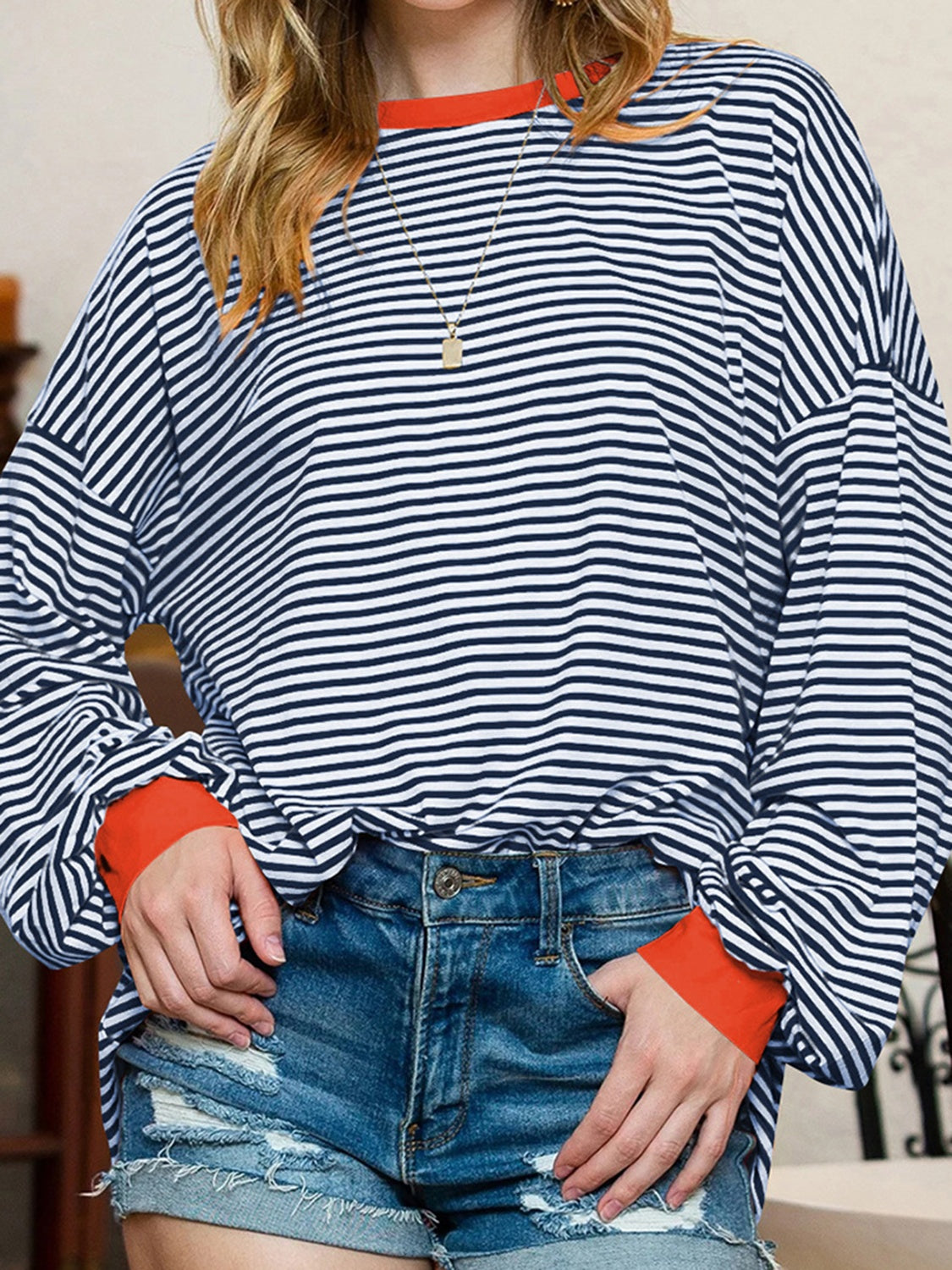 Contrast Striped Long Sleeve Sweatshirt - Charming Charlie