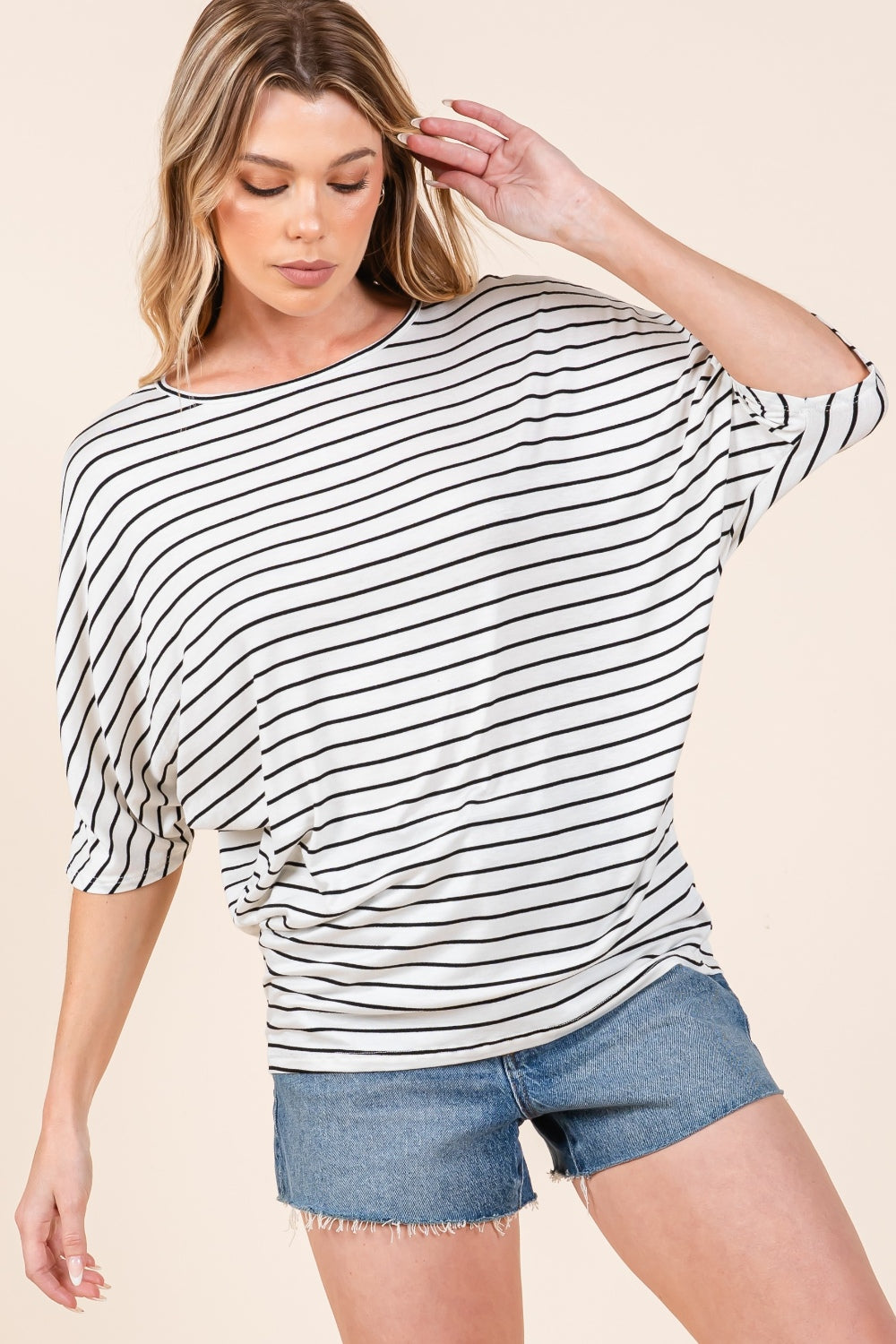 BOMBOM Striped Boat Neck Dolman Sleeve Top - Charming Charlie