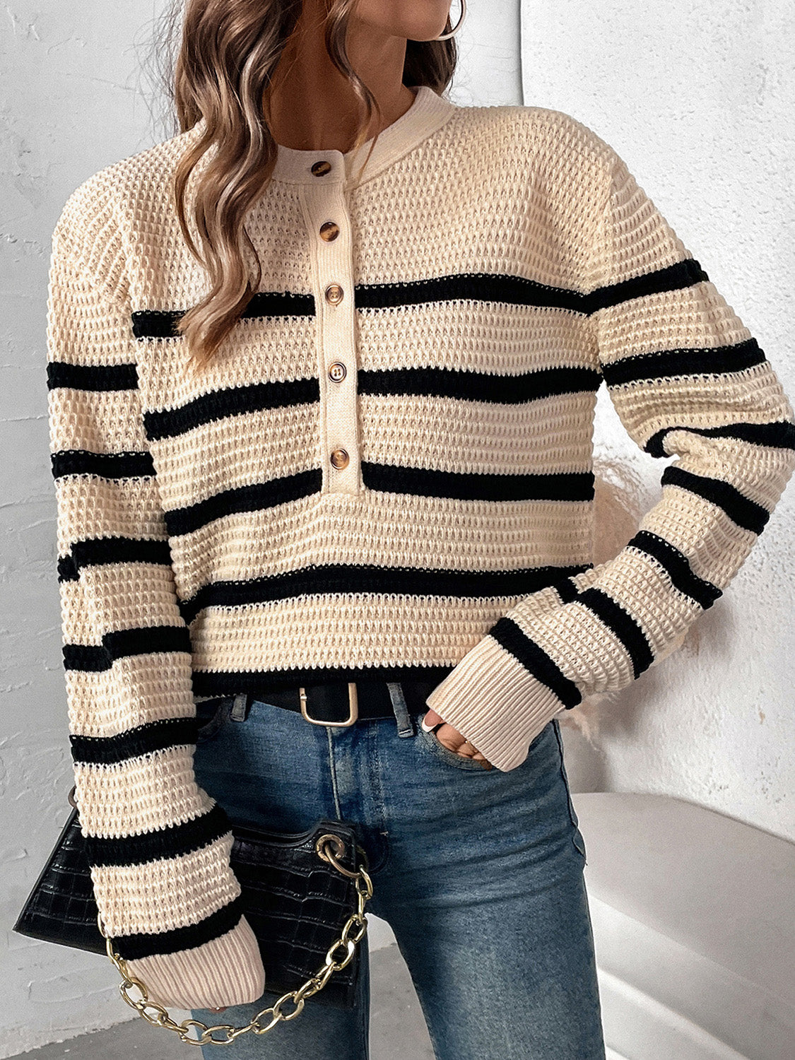 Perfee Striped Half Button Long Sleeve Sweater - Charming Charlie