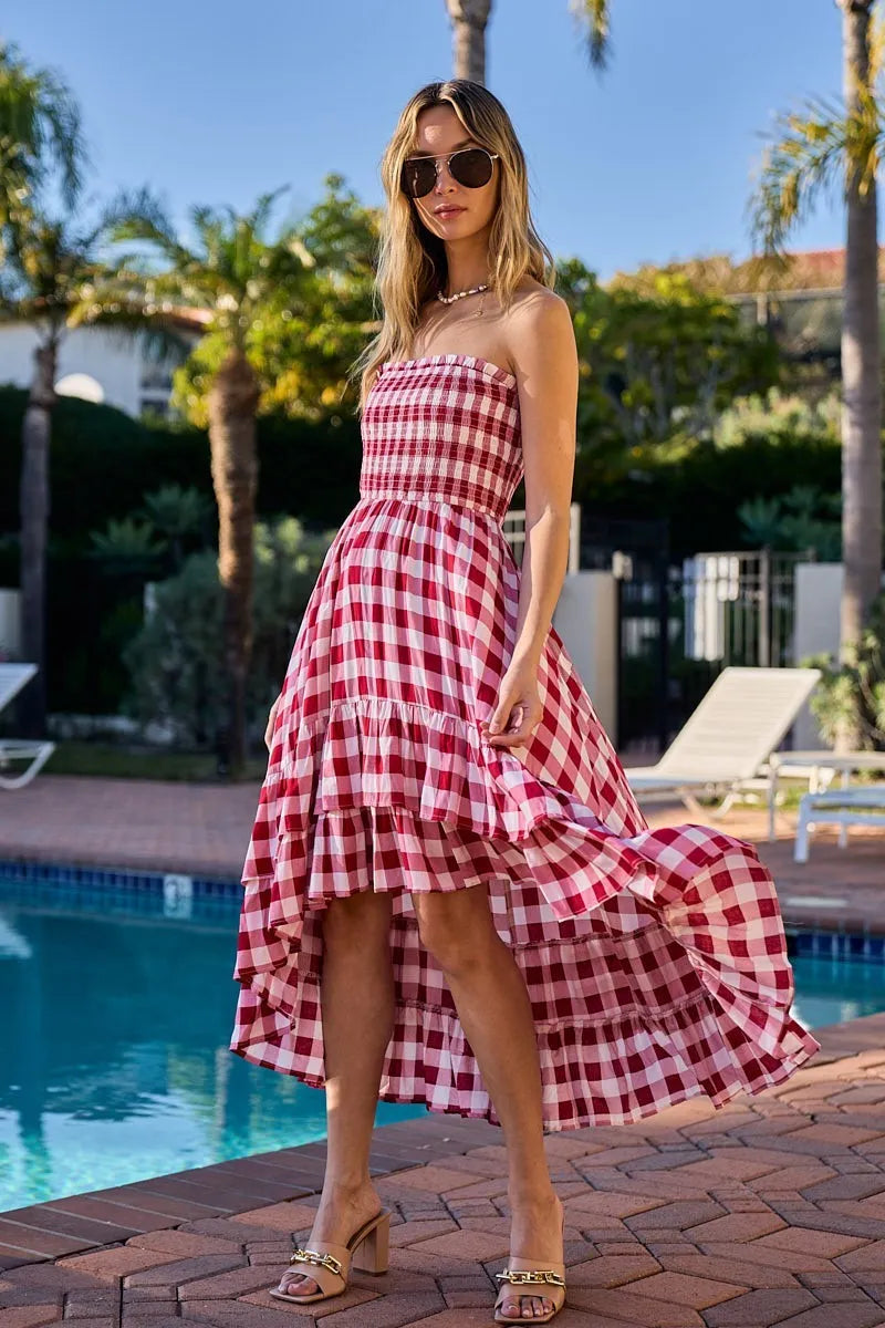 off shoulder checkered dress BiBi Smocked Body Off Shoulder Check Dress RED/IVORY / XL