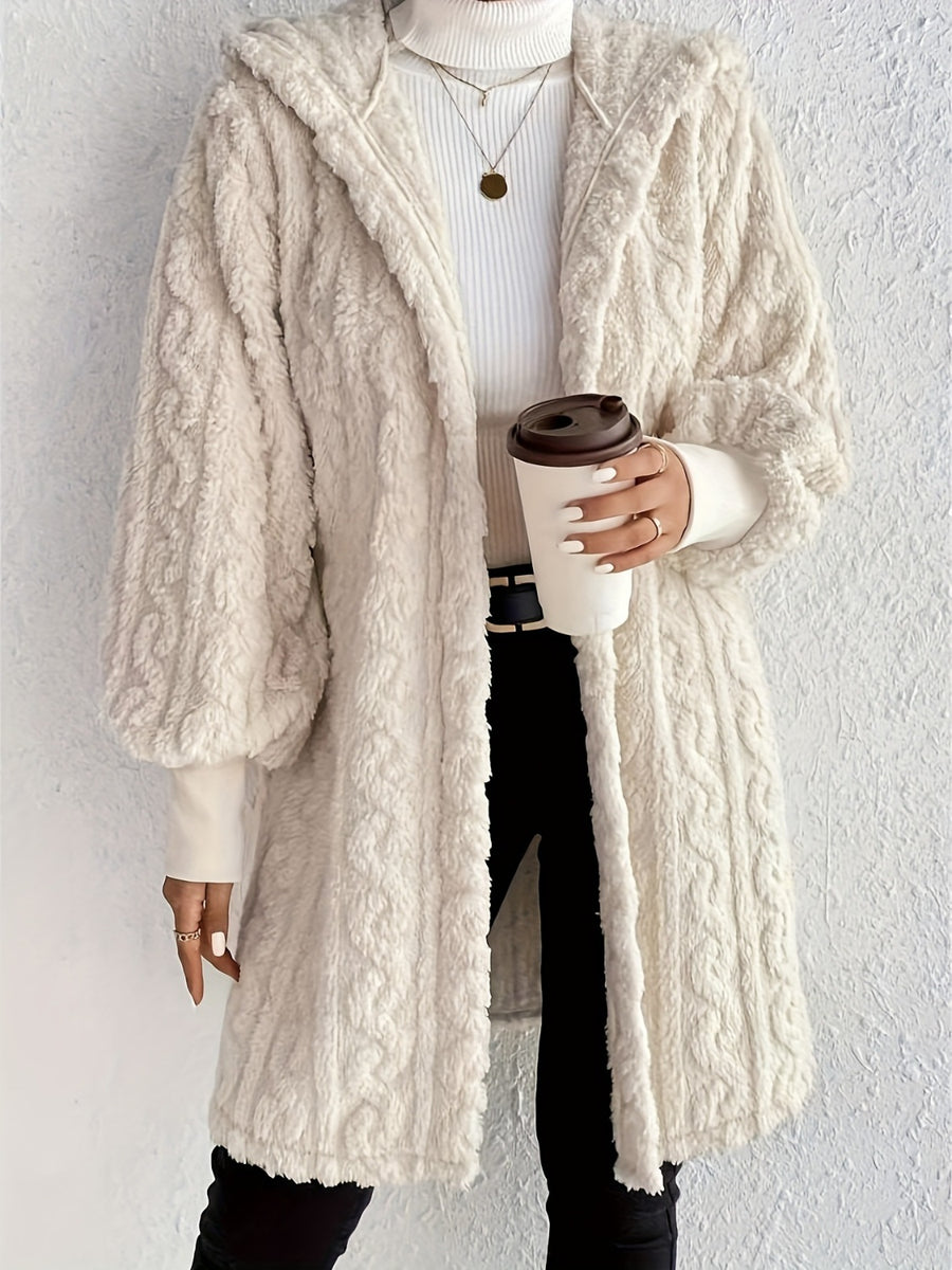 Plus Size Fuzzy Trim Open Front Long Sleeve Hooded Coat