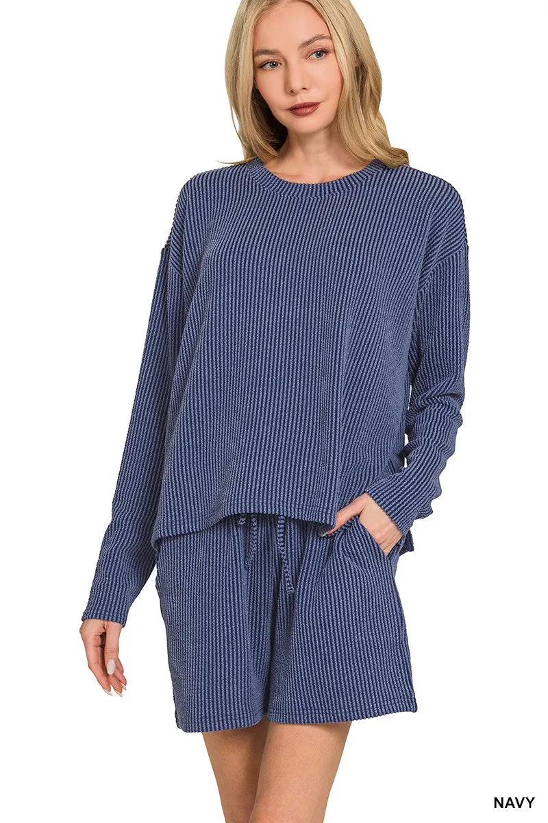 Zenana Corded Rib Long Sleeve Tee and Shorts Set – Charming Charlie