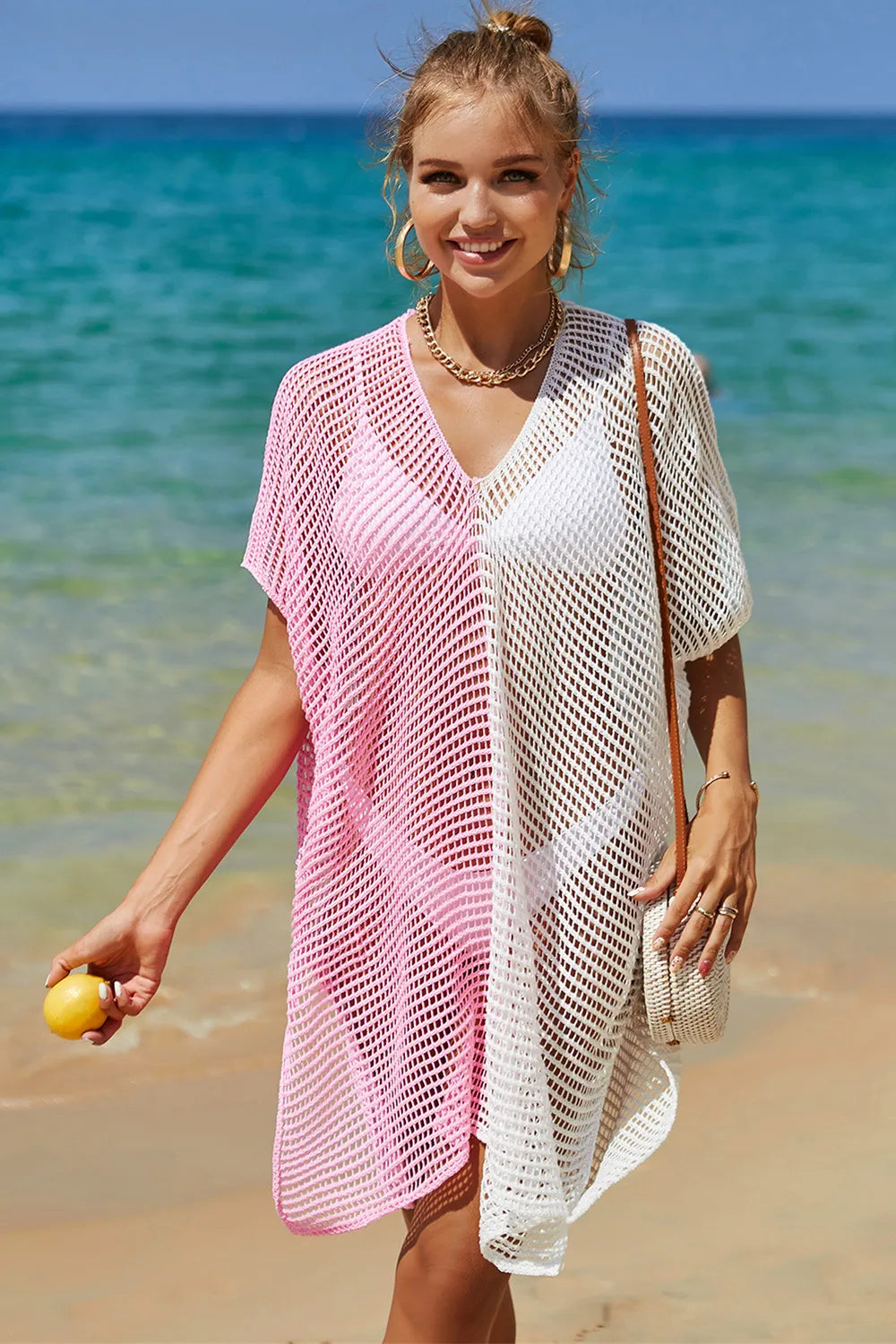 Angel Wings Color Block Openwork Boat Neck Cover Up main image 1