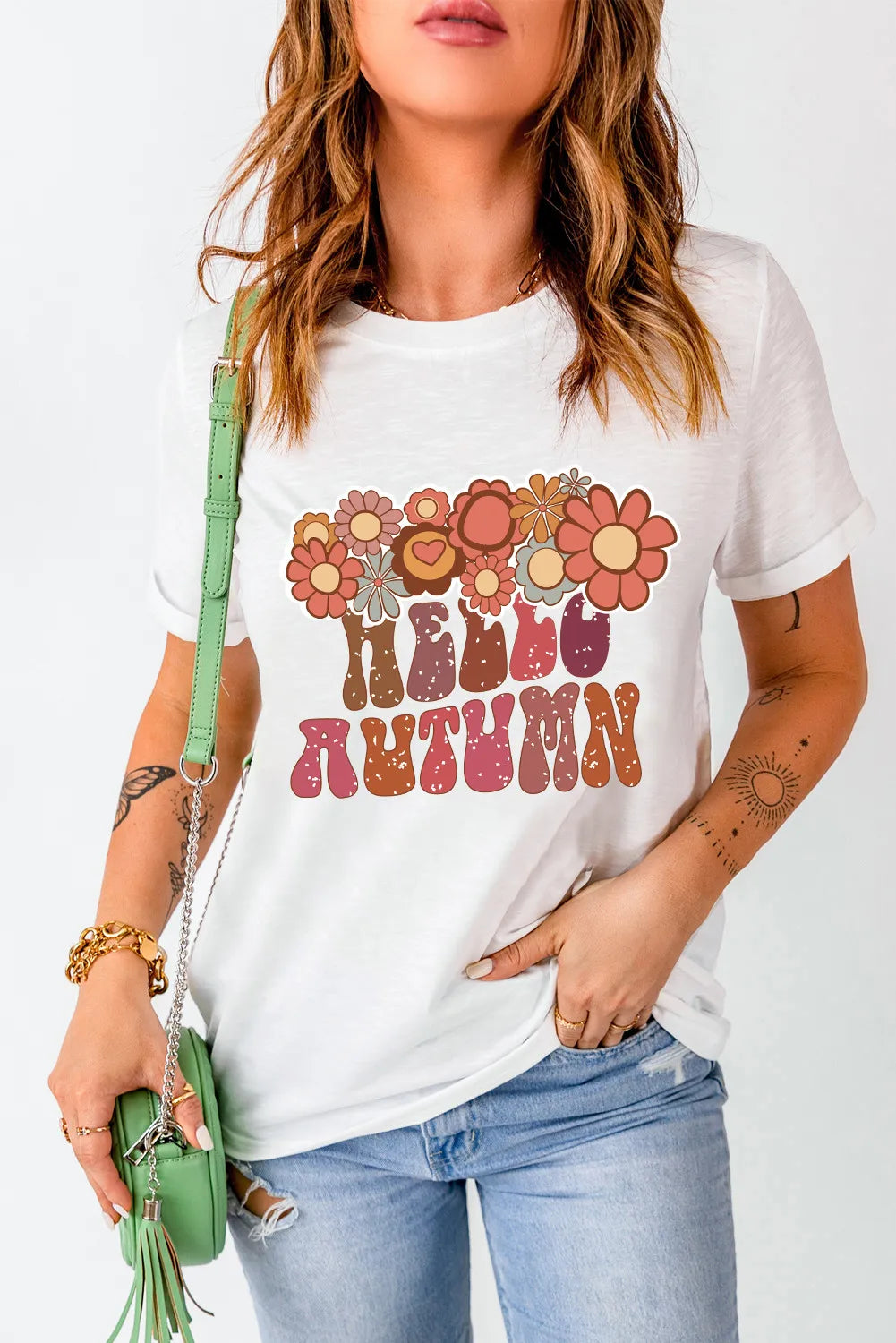 Flower & Letter Graphic Round Neck Short Sleeve T-Shirt - Charming Charlie