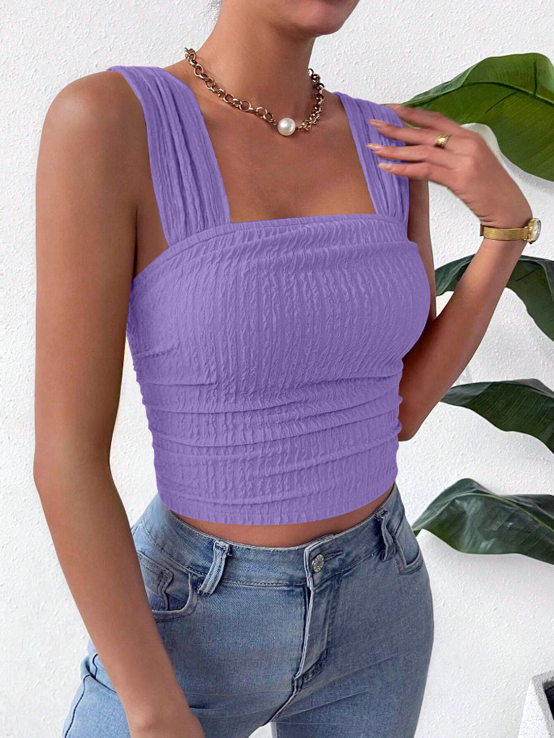 Textured Square Neck Wide Strap Tank - Charming Charlie
