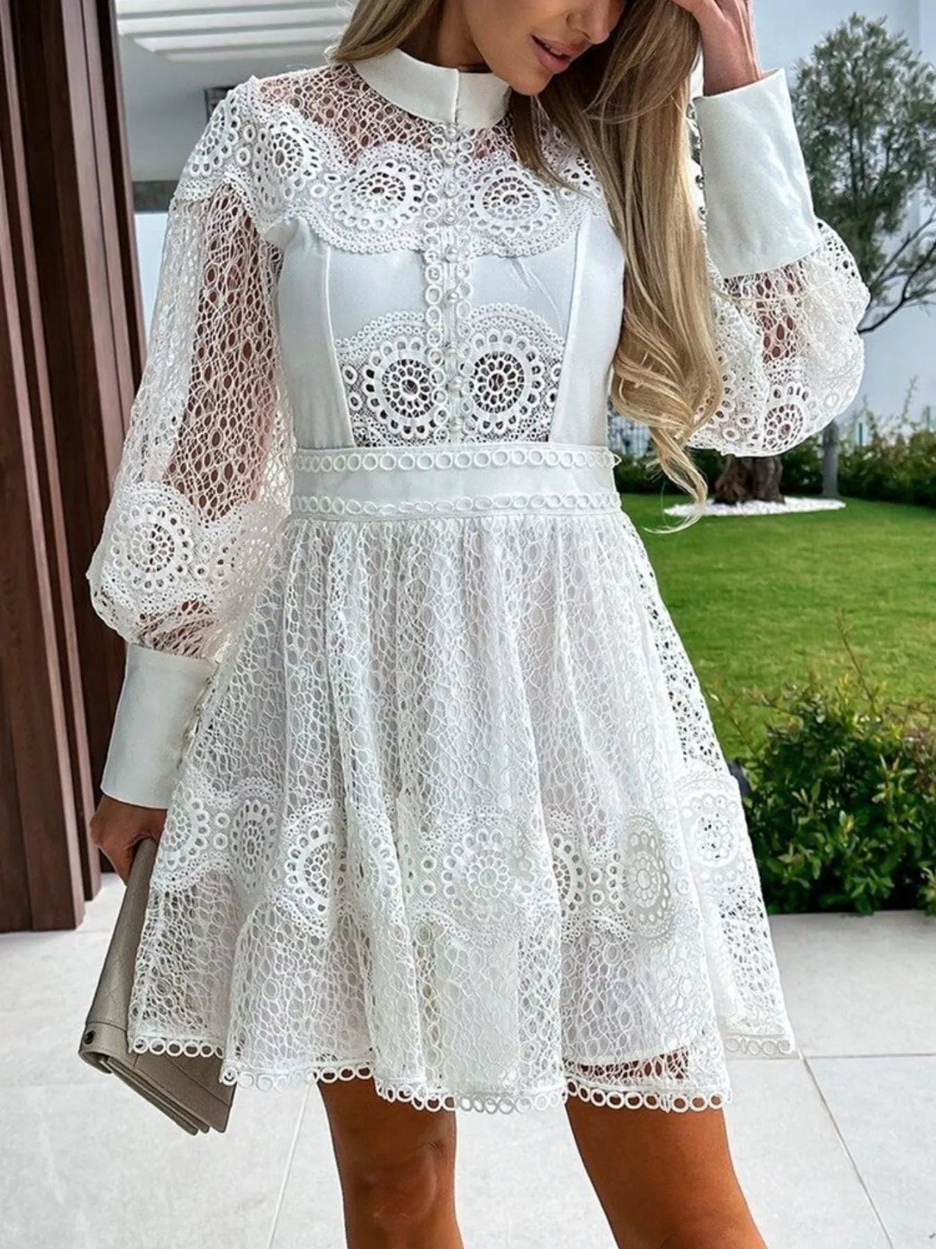 Lace Lantern Sleeve Mini Dress White / L
