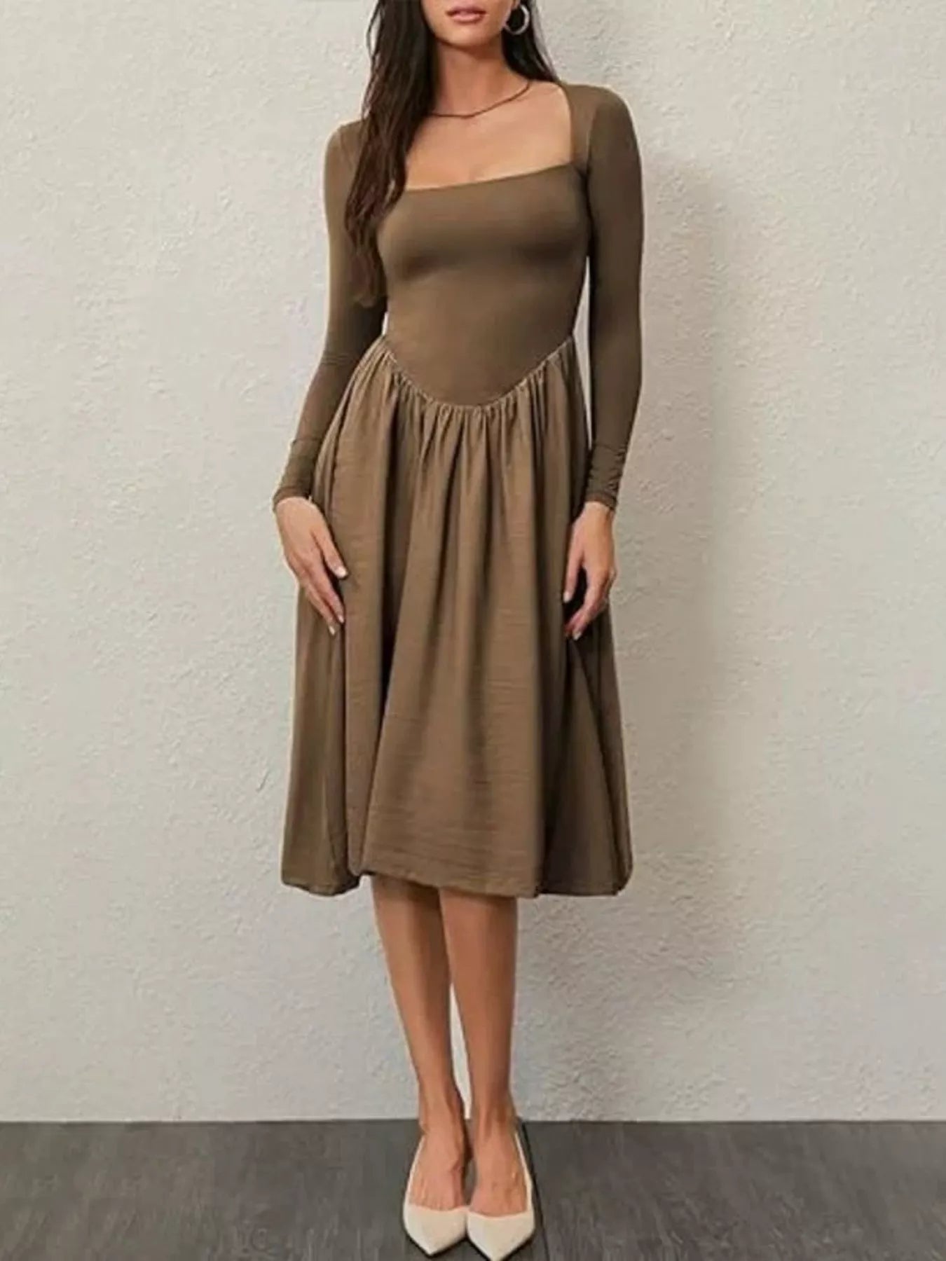Square Neck Long Sleeve Midi Dress Brown / S