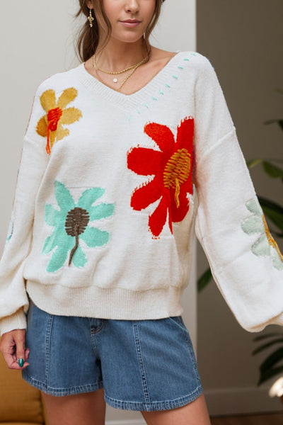 Flower V-Neck Dropped Shoulder Sweater – Charming Charlie