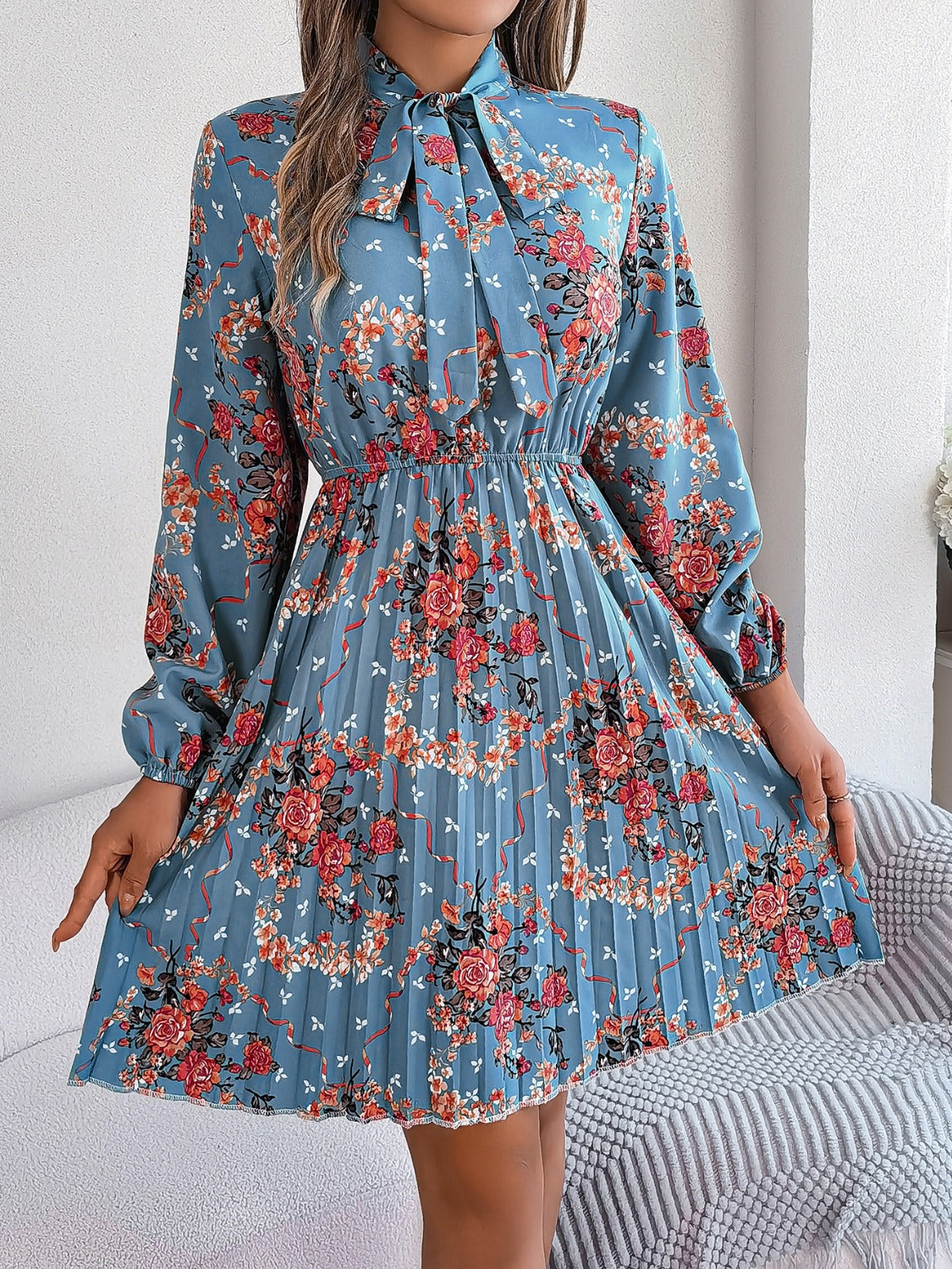 Pleated Printed Tie Neck Long Sleeve Dress - Charming Charlie