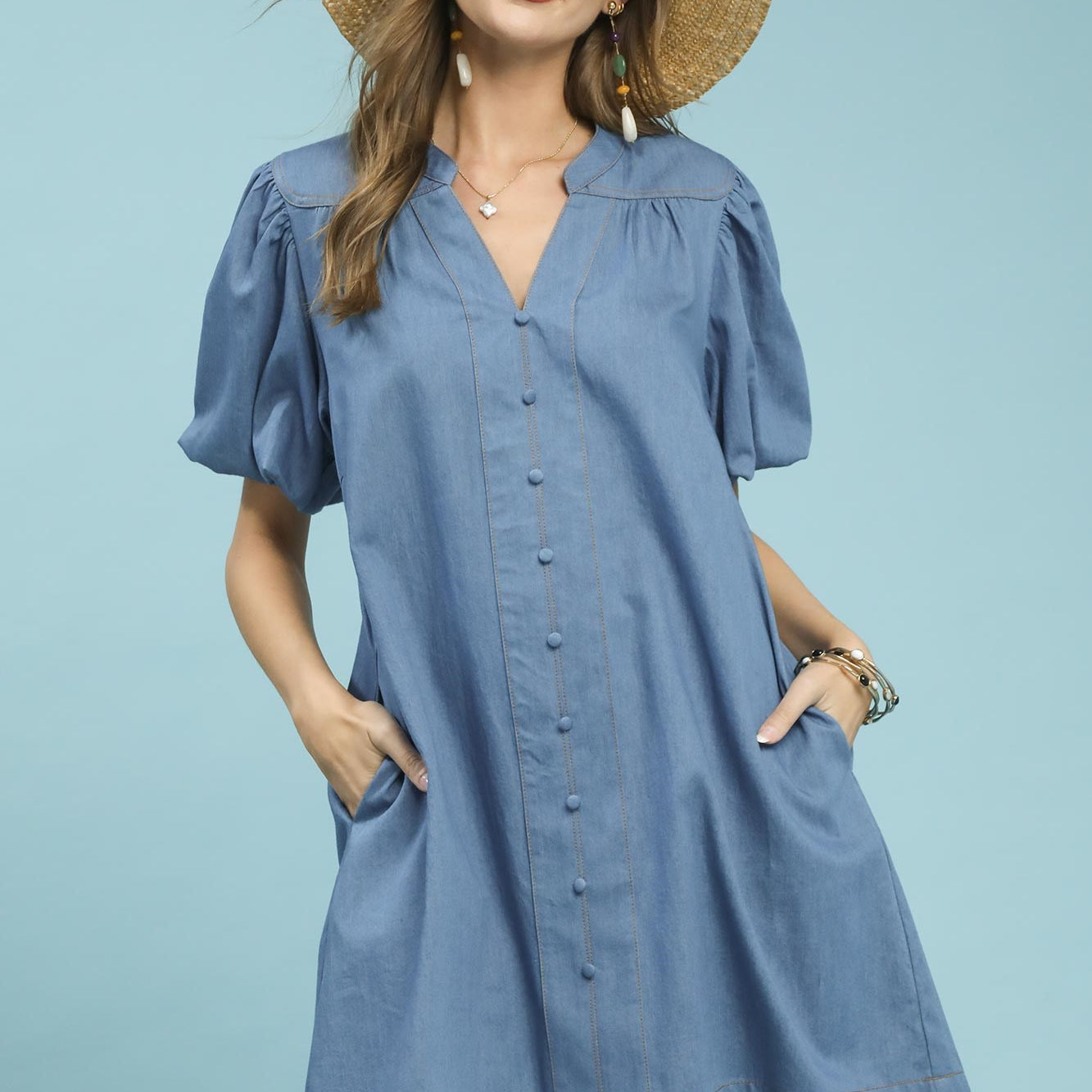 Umgee Chambray Puff Sleeve Dress LT. DENIM / L