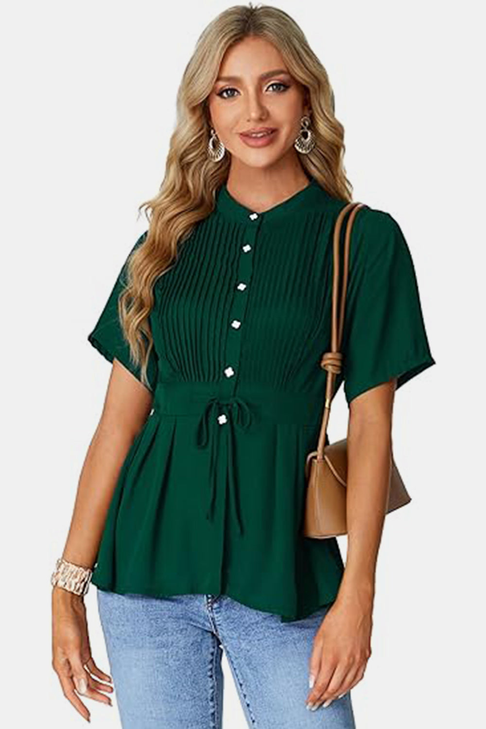 Tied Round Neck Short Sleeve Blouse - Charming Charlie