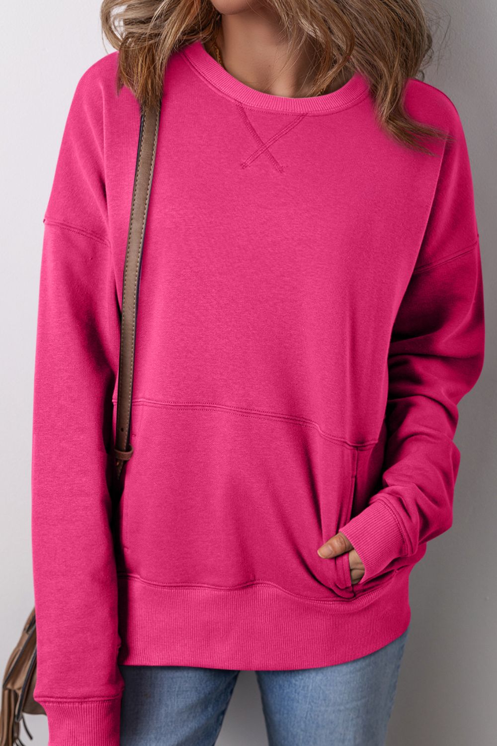 Solid Color Round Neck Long Sleeve Sweatshirt - Charming Charlie