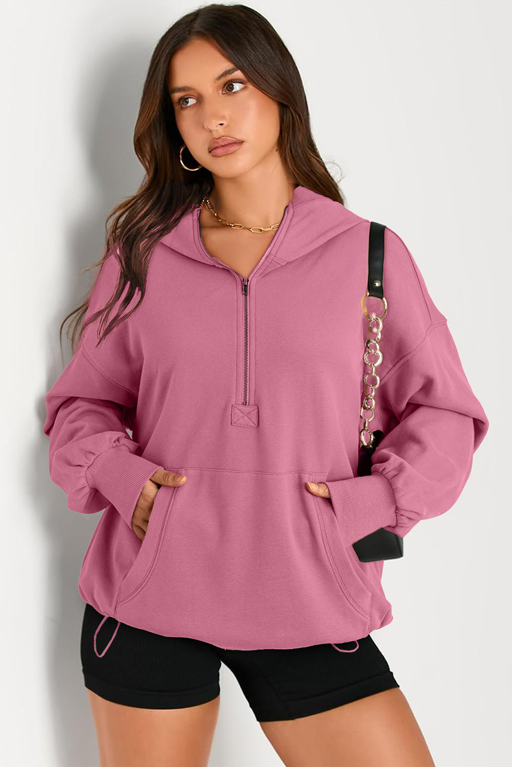 Pocketed Half Zip Long Sleeve Hoodie - Charming Charlie