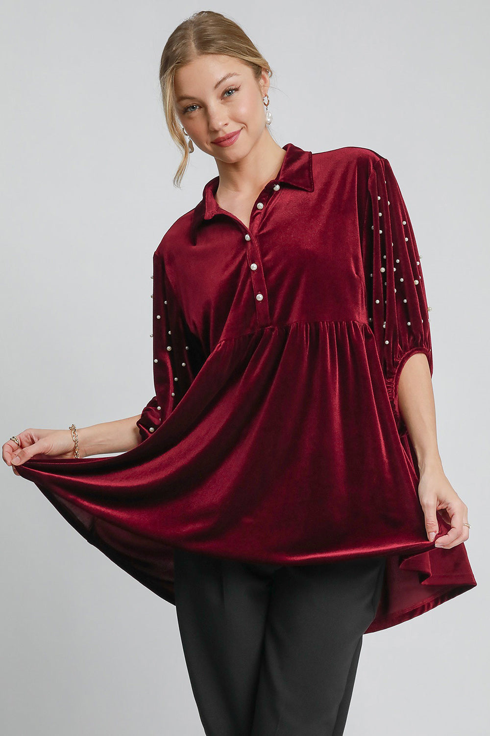 Umgee Pearl Detail Collared Neck Velvet Babydoll Blouse - Charming Charlie