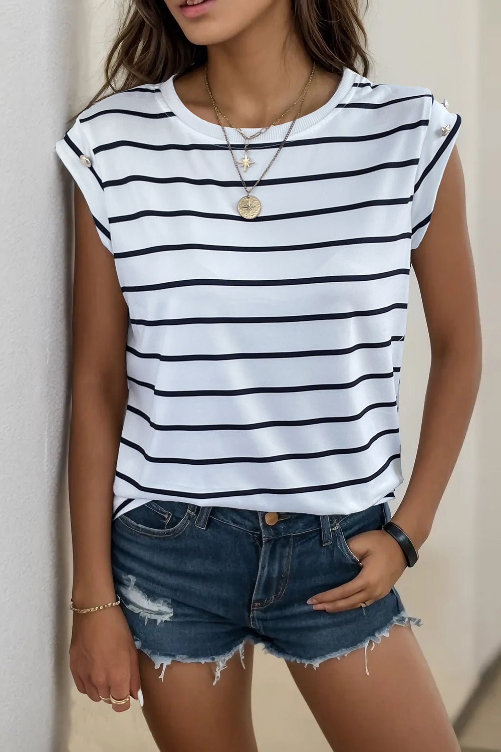 Decorative Button Round Neck T-Shirt - Charming Charlie