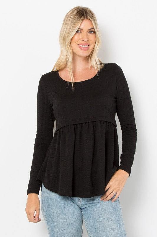 Be Stage Full Size Texture Babydoll Round Neck Long Sleeve Knit Top - Charming Charlie