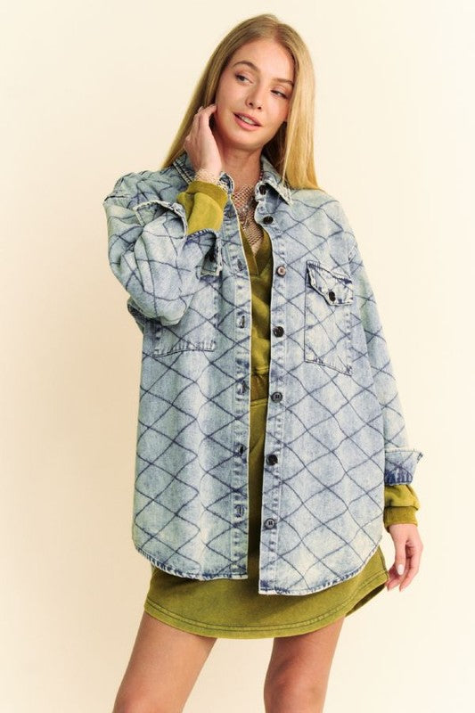 Davi & Dani Curved Hem Diamond Quilted Button Up Denim Shacket - Charming Charlie