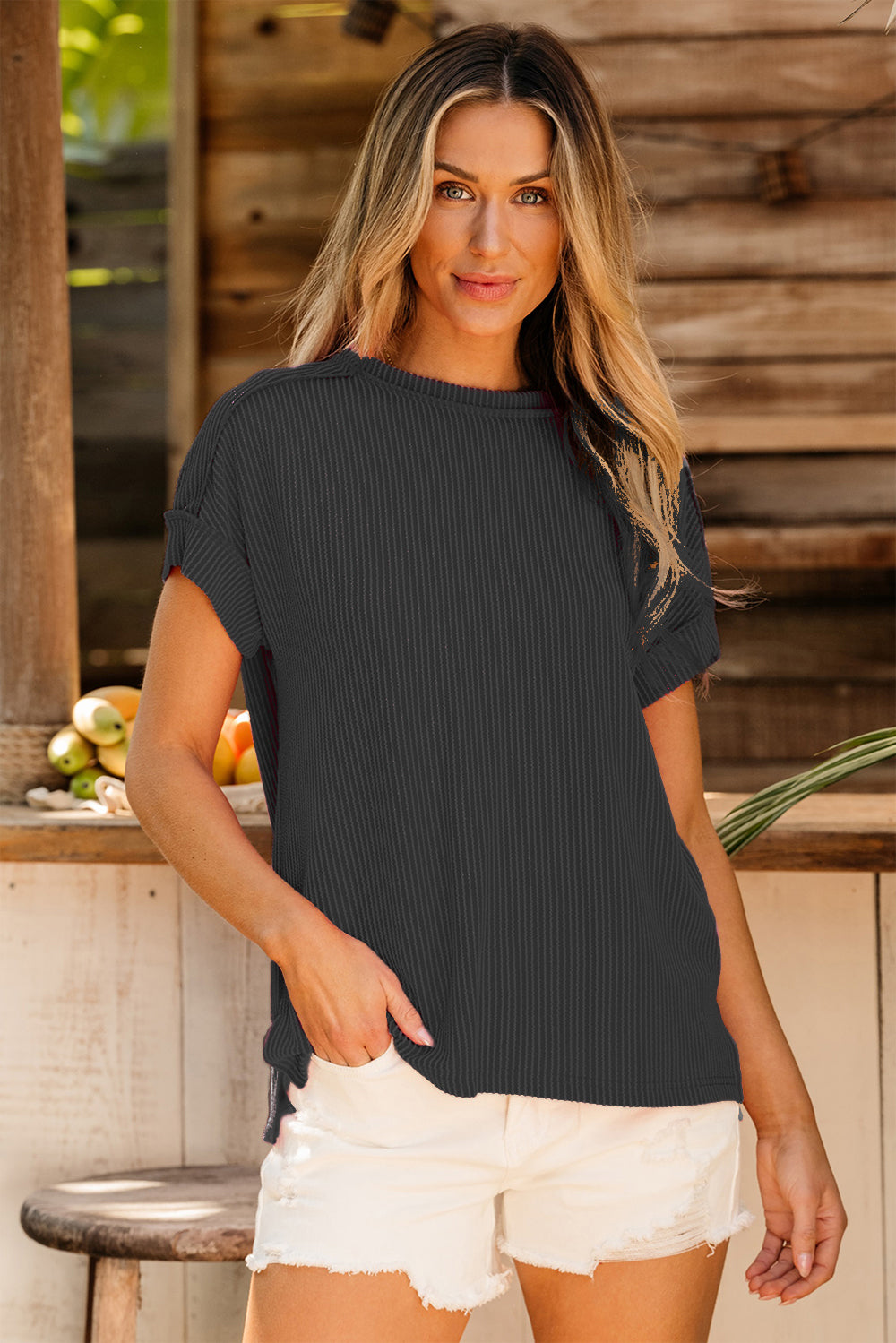 Exposed Seam Round Neck Short Sleeve T-Shirt - Charming Charlie