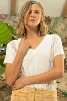 POL Inset Lace Outseam Detail Short Sleeve V-Neck T-Shirt - Charming Charlie