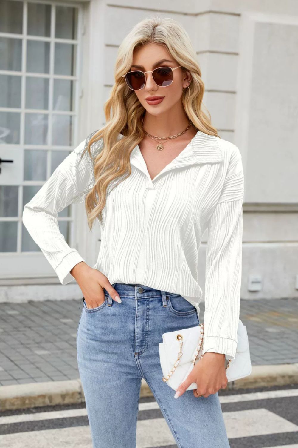 Texture Collared Neck Long Sleeve Blouse - Charming Charlie